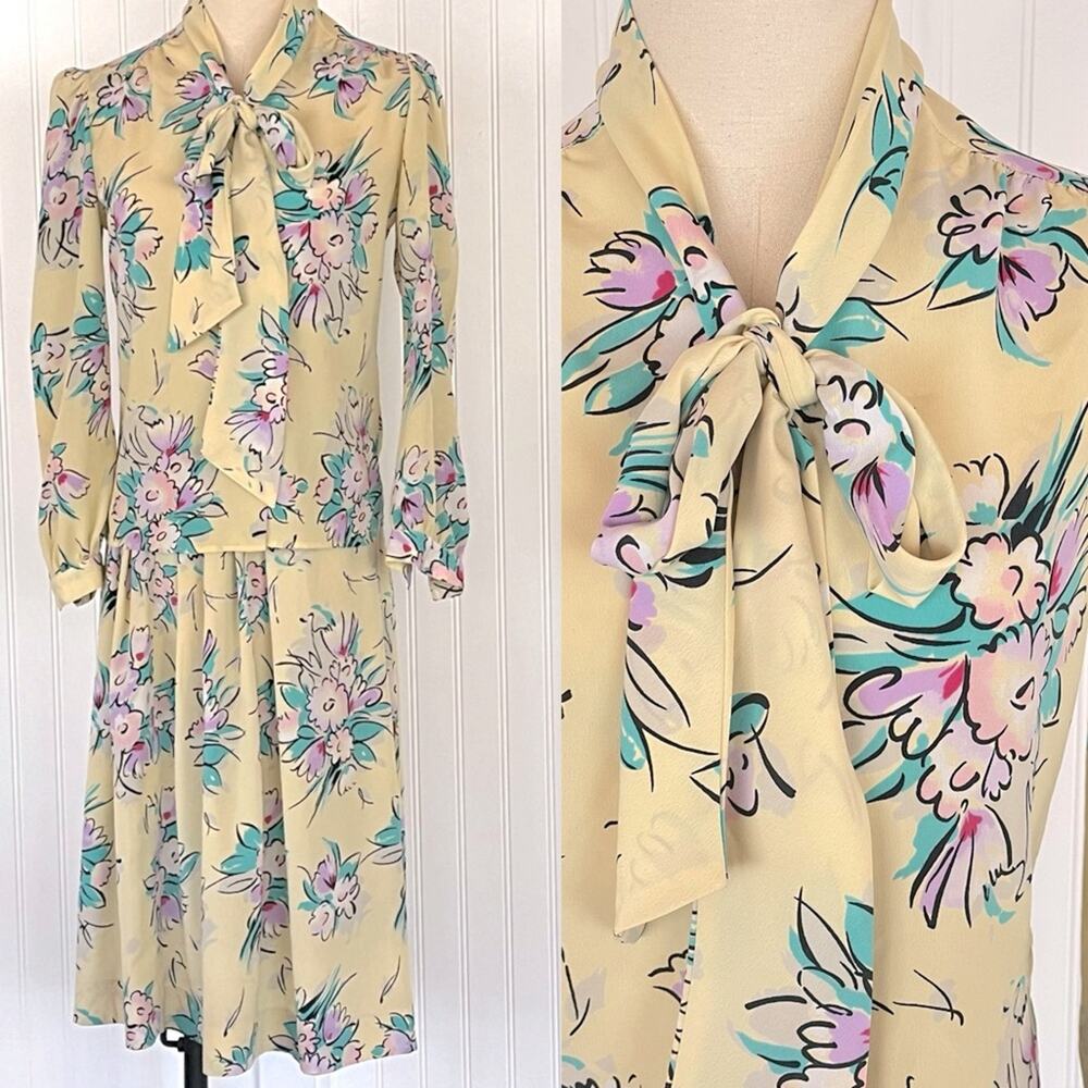 Vintage 70s Yellow Floral Skirt Set Bow Tie Neck Blouse Pleated Skirt Colorful